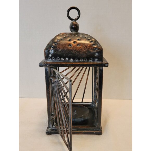 Rustic Metal Lantern Candle Holder Distressed Copper Finish 11" Tall - Picture 2 of 9